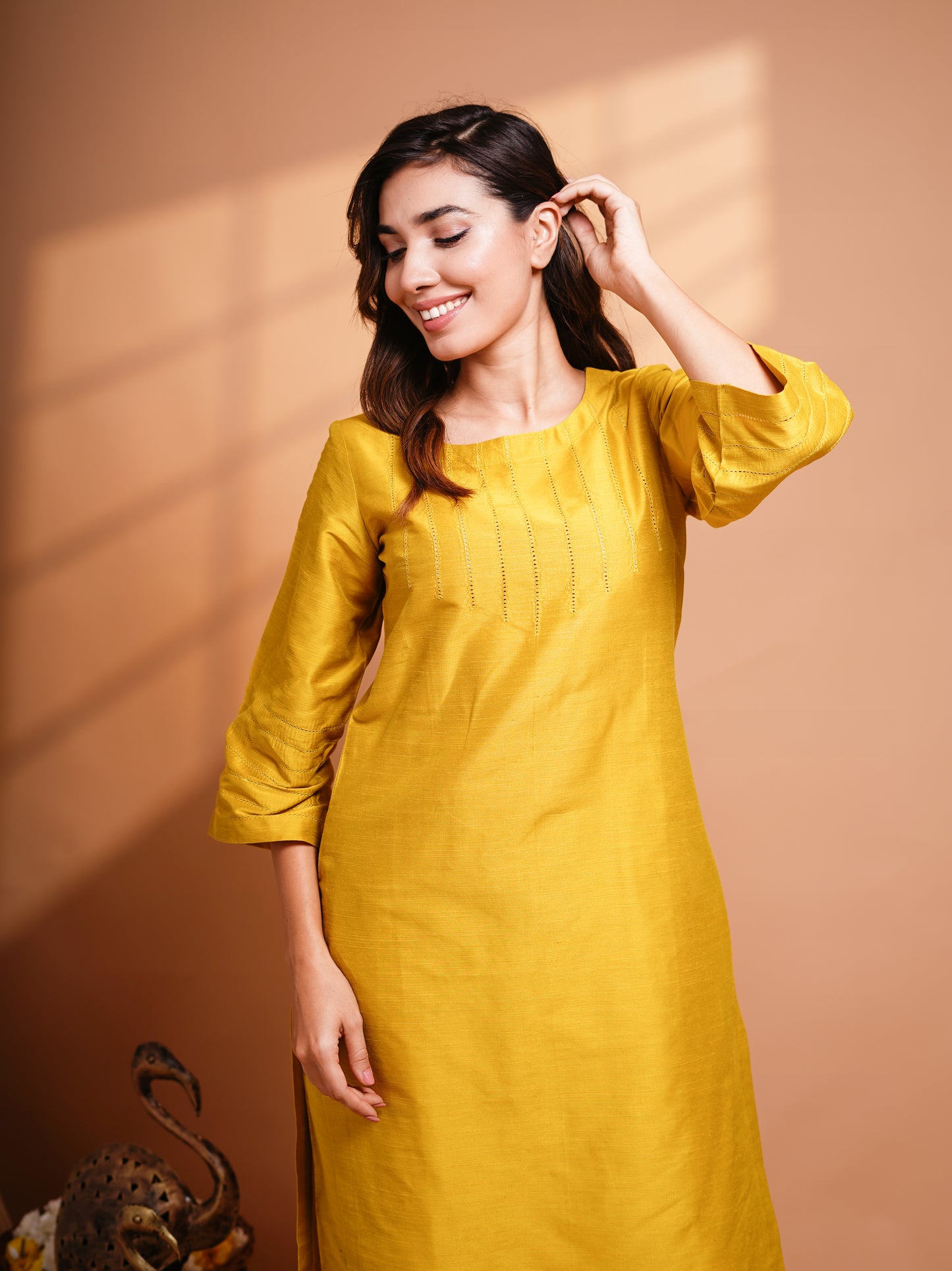 Abilasha - Mustard Yellow Silk cotton set with Kalamkari dupatta