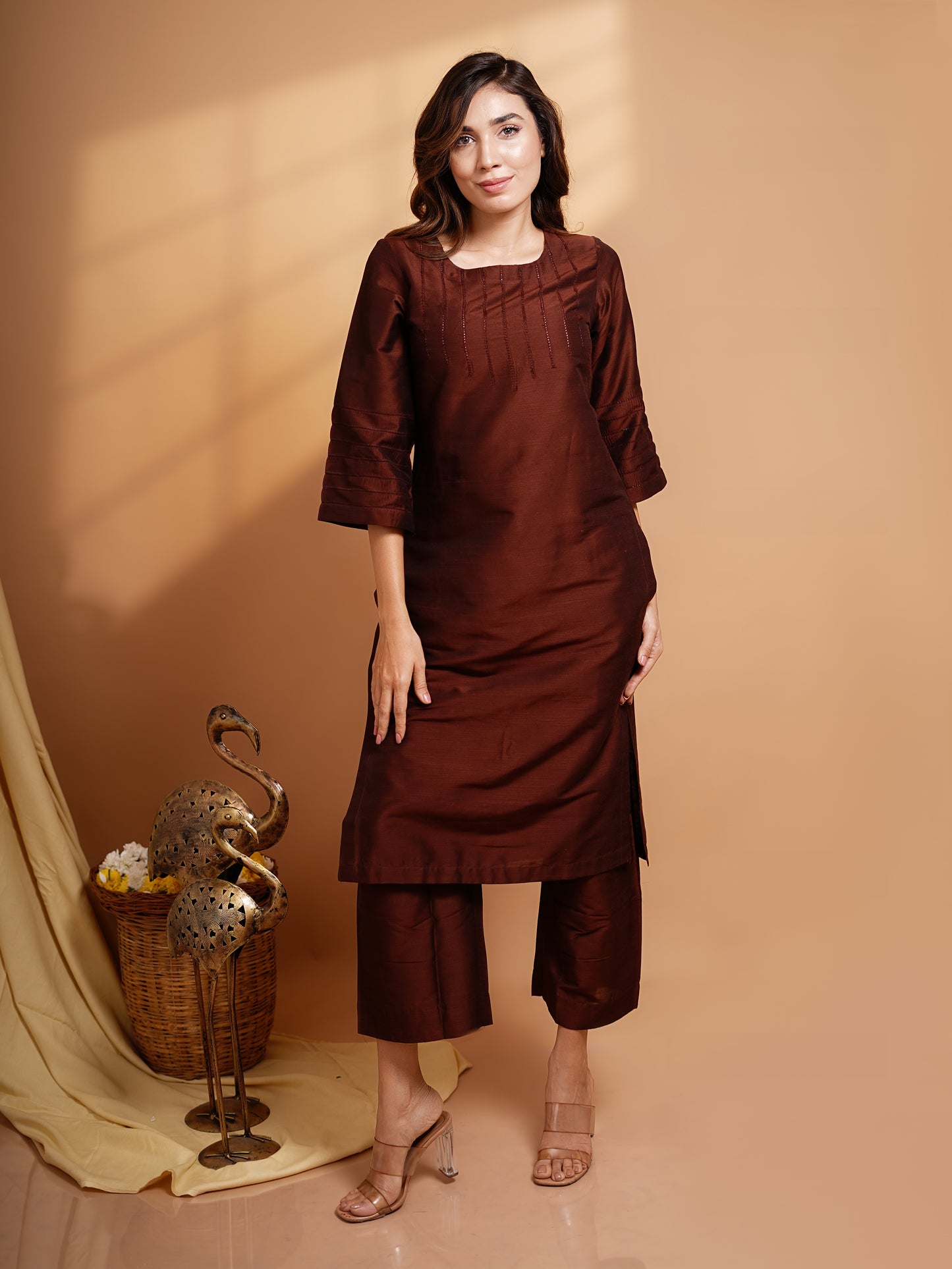 Abilasha - Silk Cotton Kurta Set - Chocolate Brown