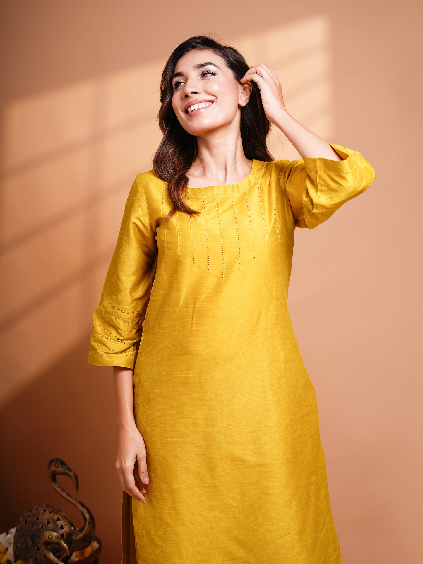 Abilasha - Mustard Yellow Silk cotton set with Kalamkari dupatta