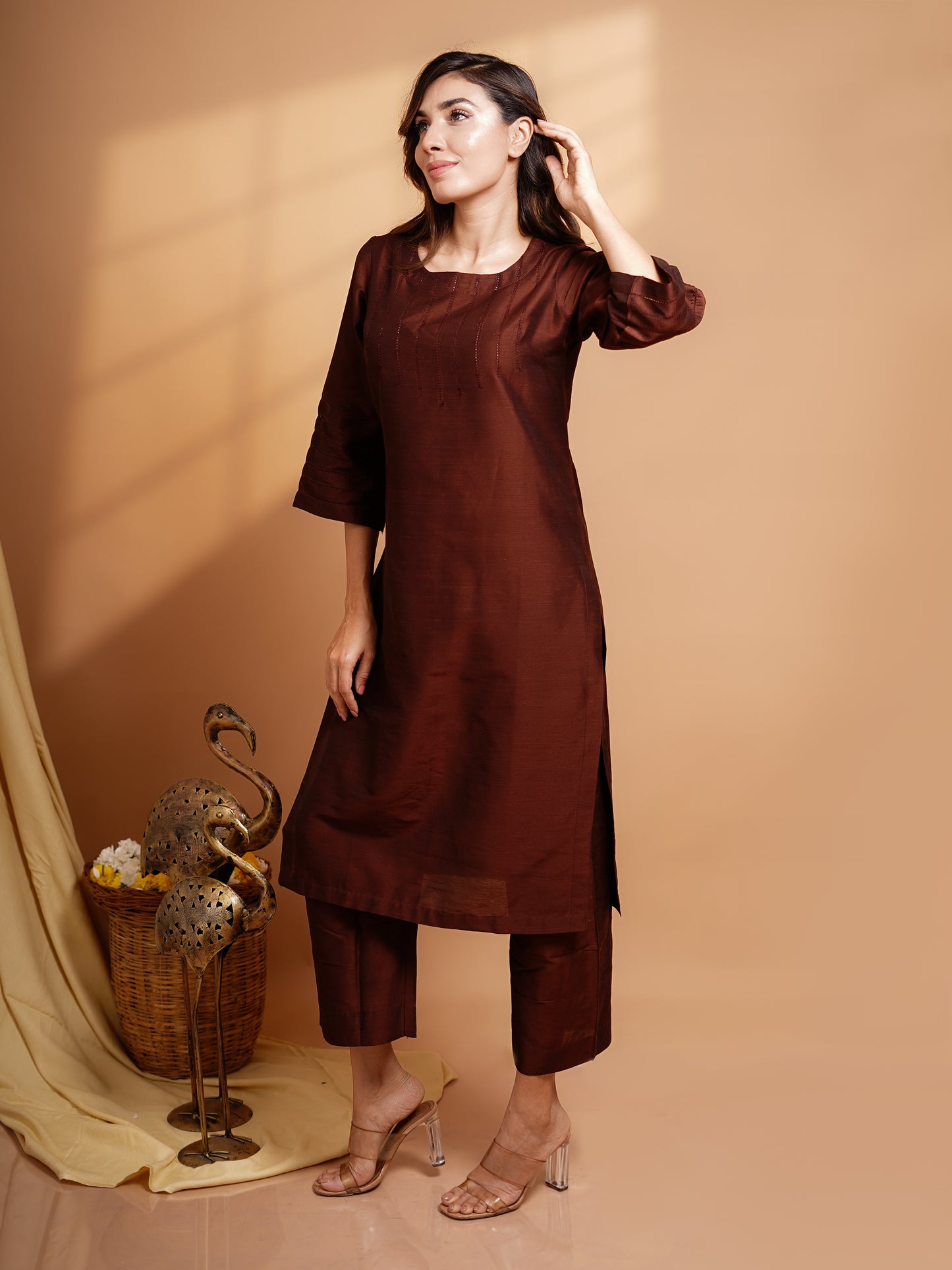 Abilasha - Silk Cotton Kurta Set - Chocolate Brown