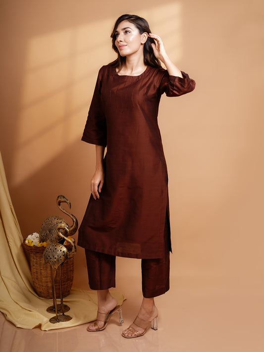 Abilasha - Silk Cotton Kurta Set - Chocolate Brown
