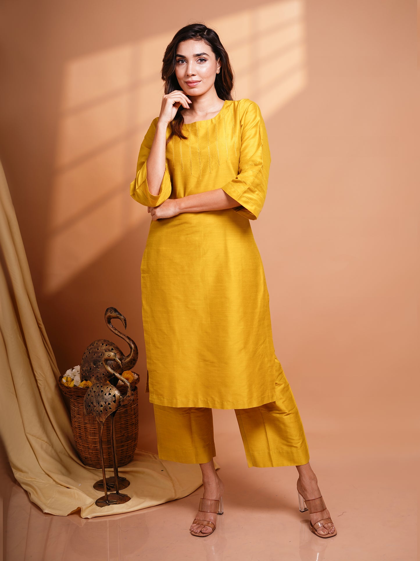 Abilasha - Mustard Yellow Silk cotton set with Kalamkari dupatta