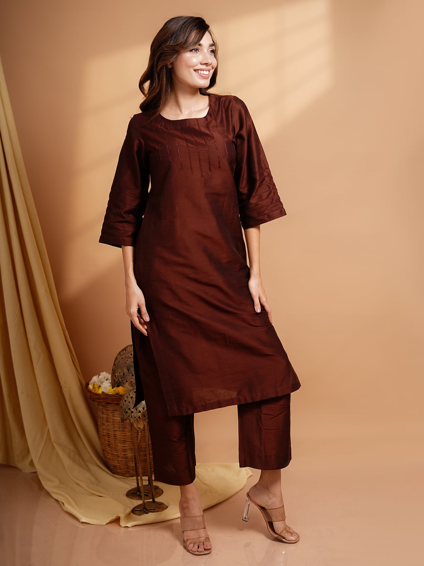 Abilasha - Silk Cotton Kurta Set - Chocolate Brown