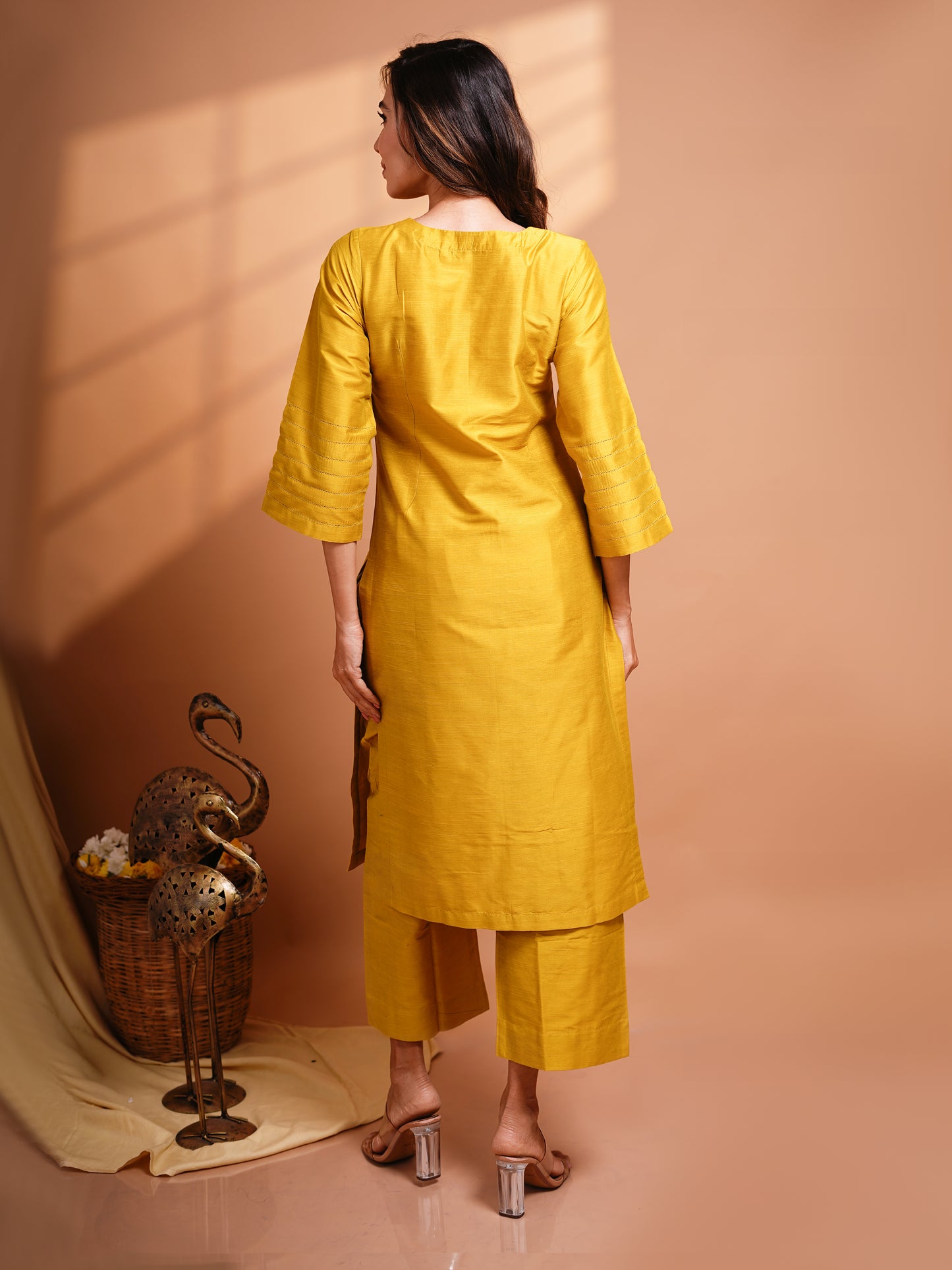 Abilasha - Mustard Yellow Silk cotton set with Kalamkari dupatta
