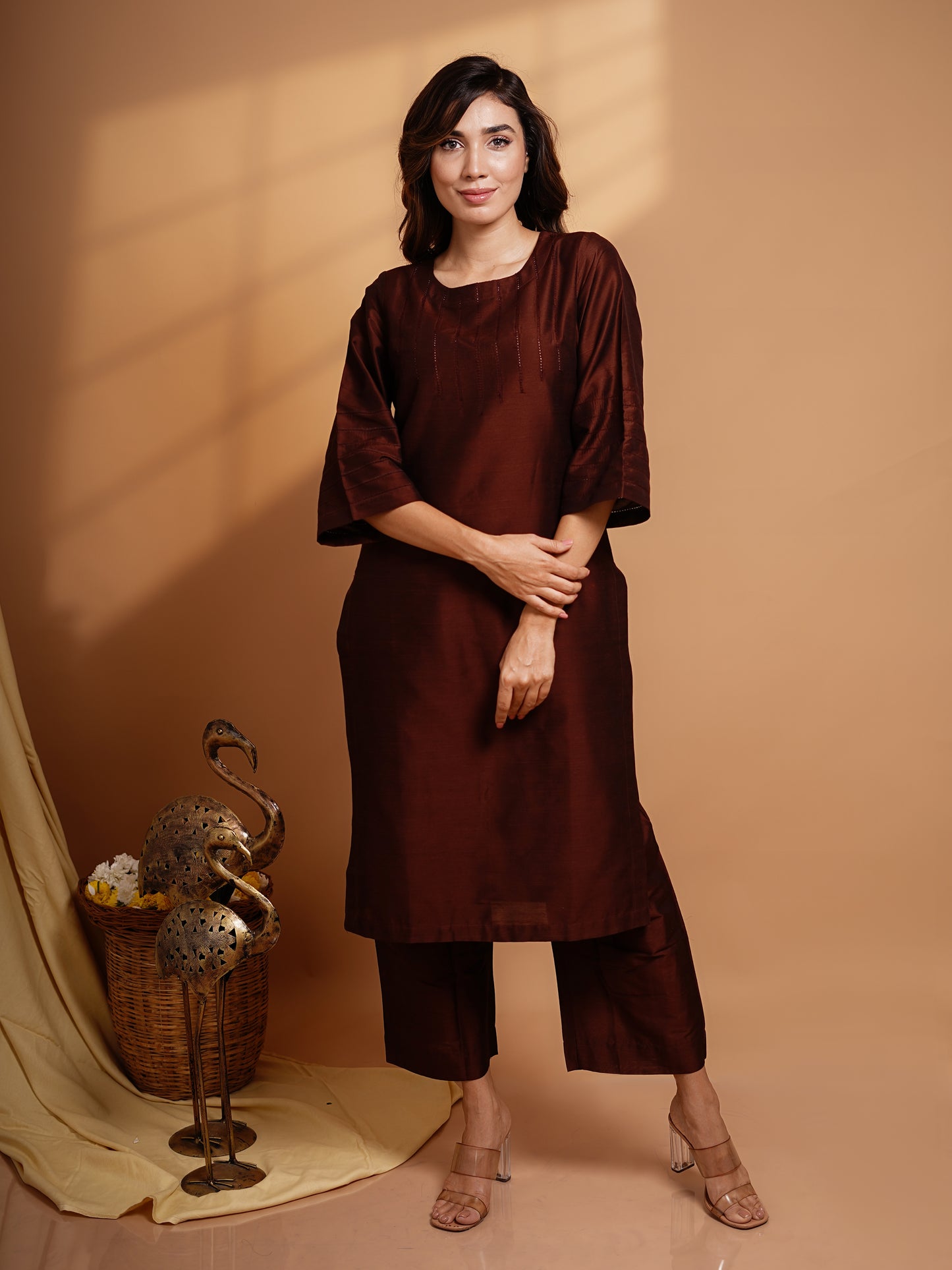 Abilasha - Silk Cotton Kurta Set - Chocolate Brown