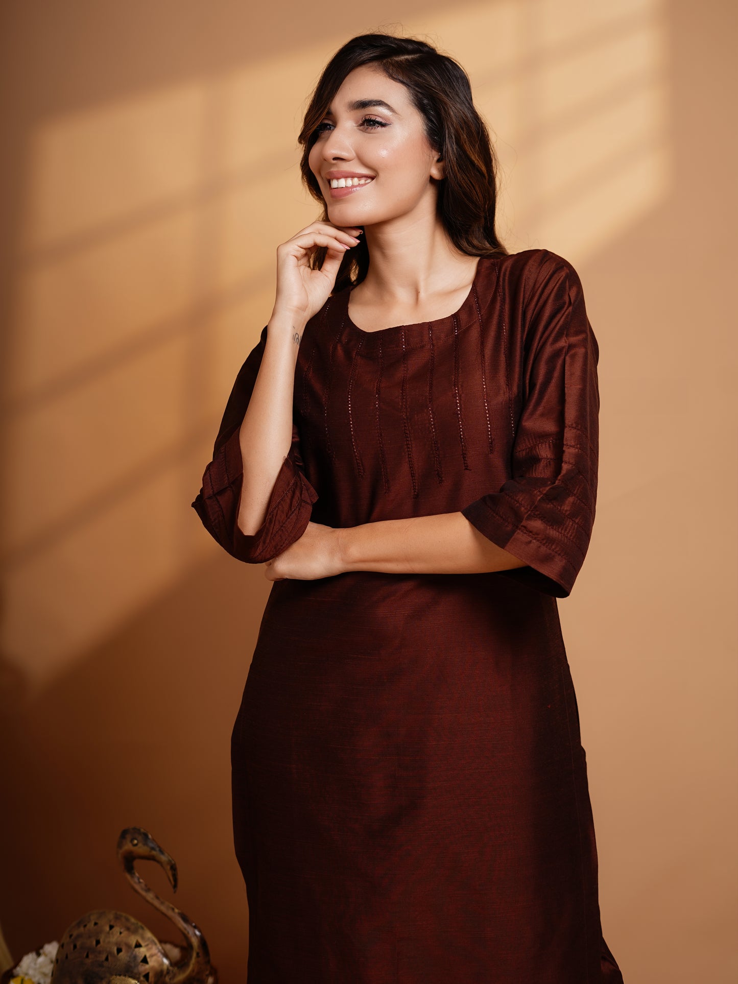 Abilasha - Silk Cotton Kurta Set - Chocolate Brown