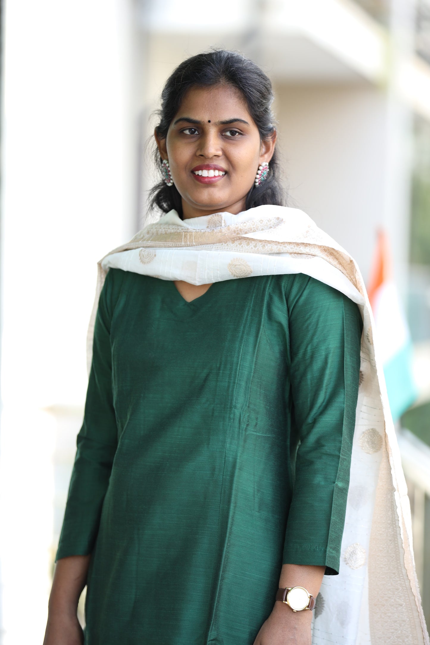 Khushi - Green Silk cotton set with Banaras Chanderi dupatta