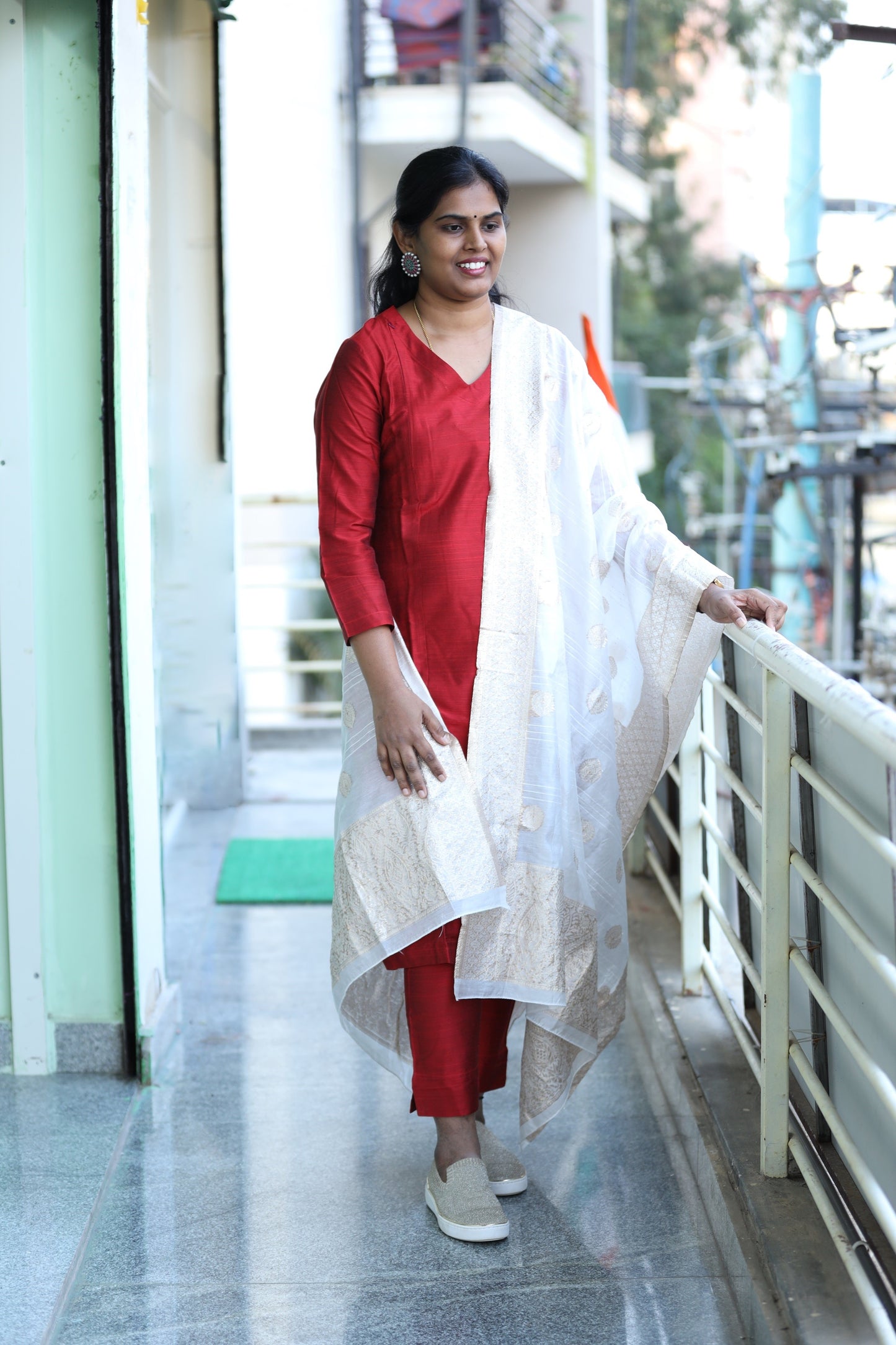 Khushi - Marroon Silk cotton set with Banaras Chanderi dupatta