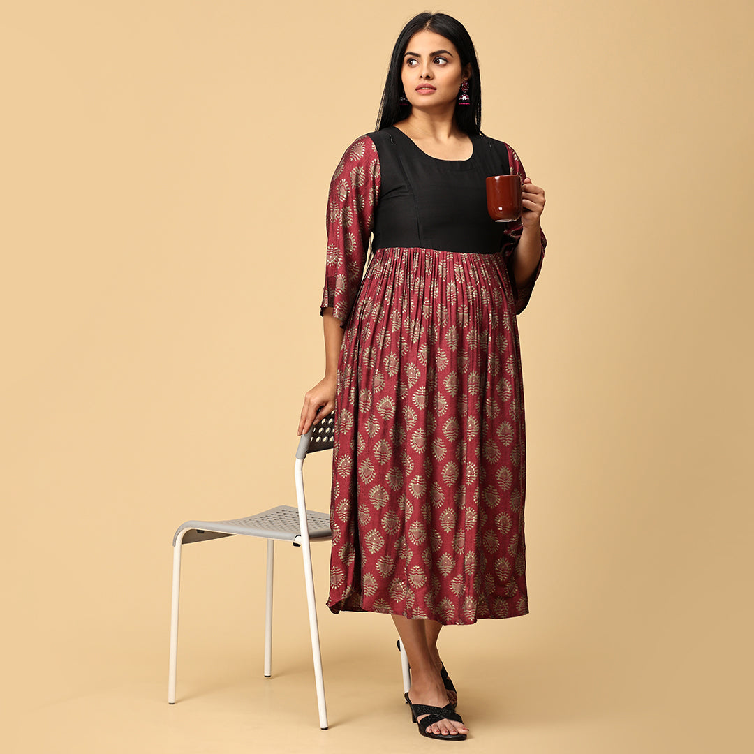 Jwala - Maroon Muslin Floral Dress