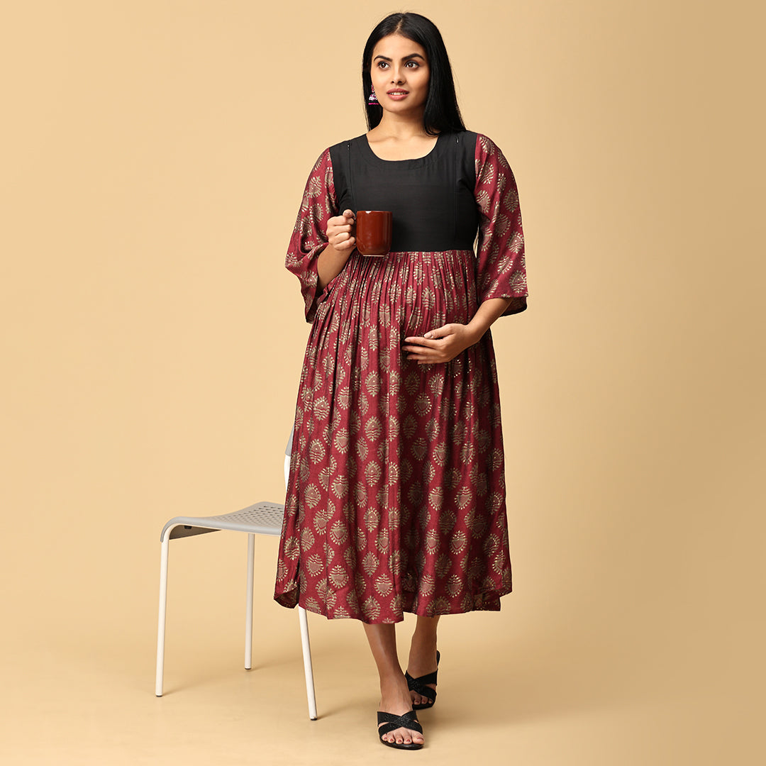 Jwala - Maroon Muslin Floral Dress