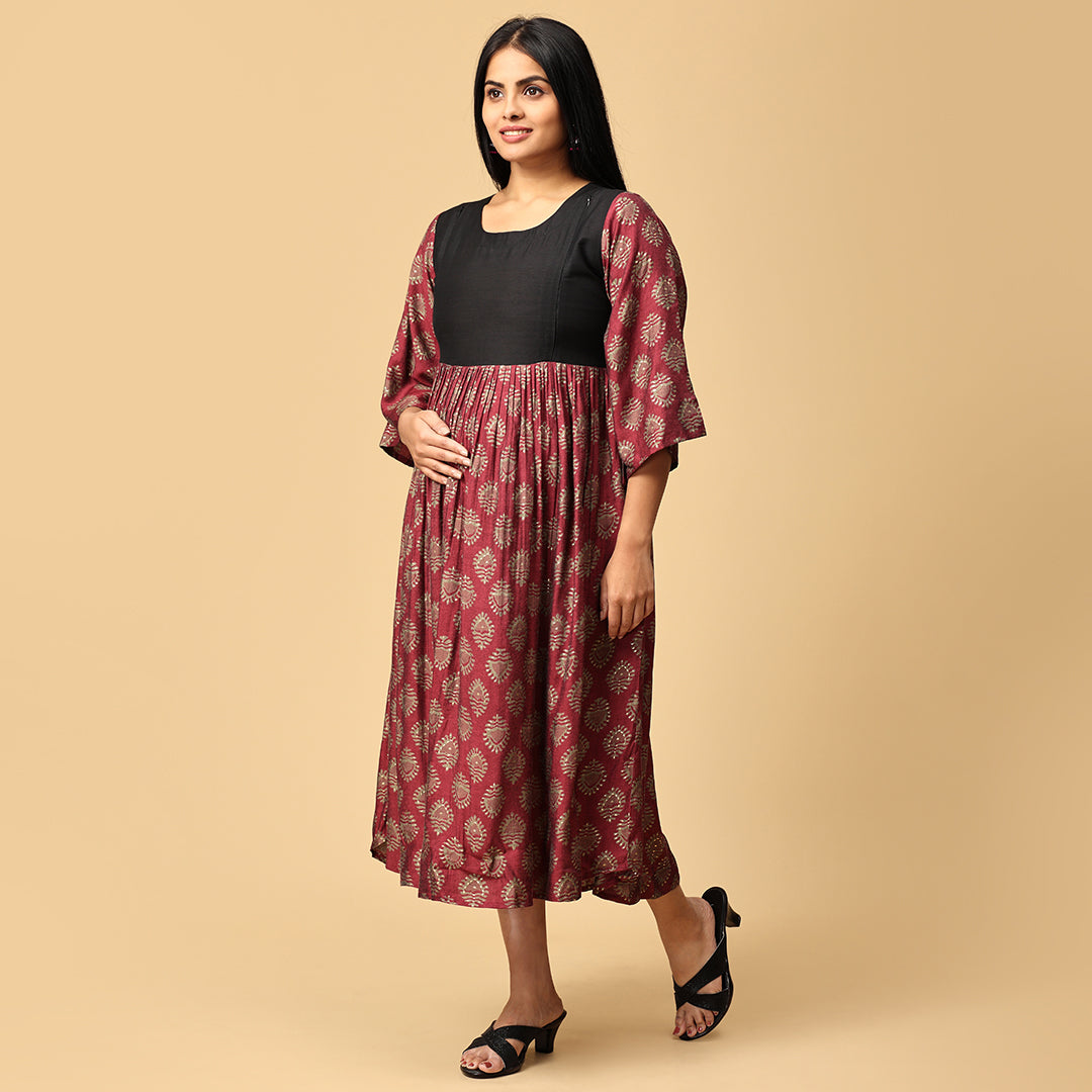 Jwala - Maroon Muslin Floral Dress