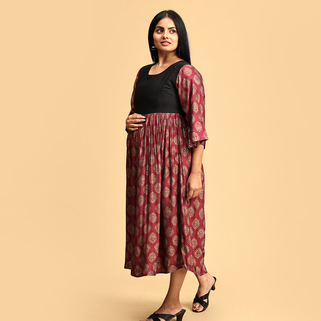 Jwala - Maroon Muslin Floral Dress