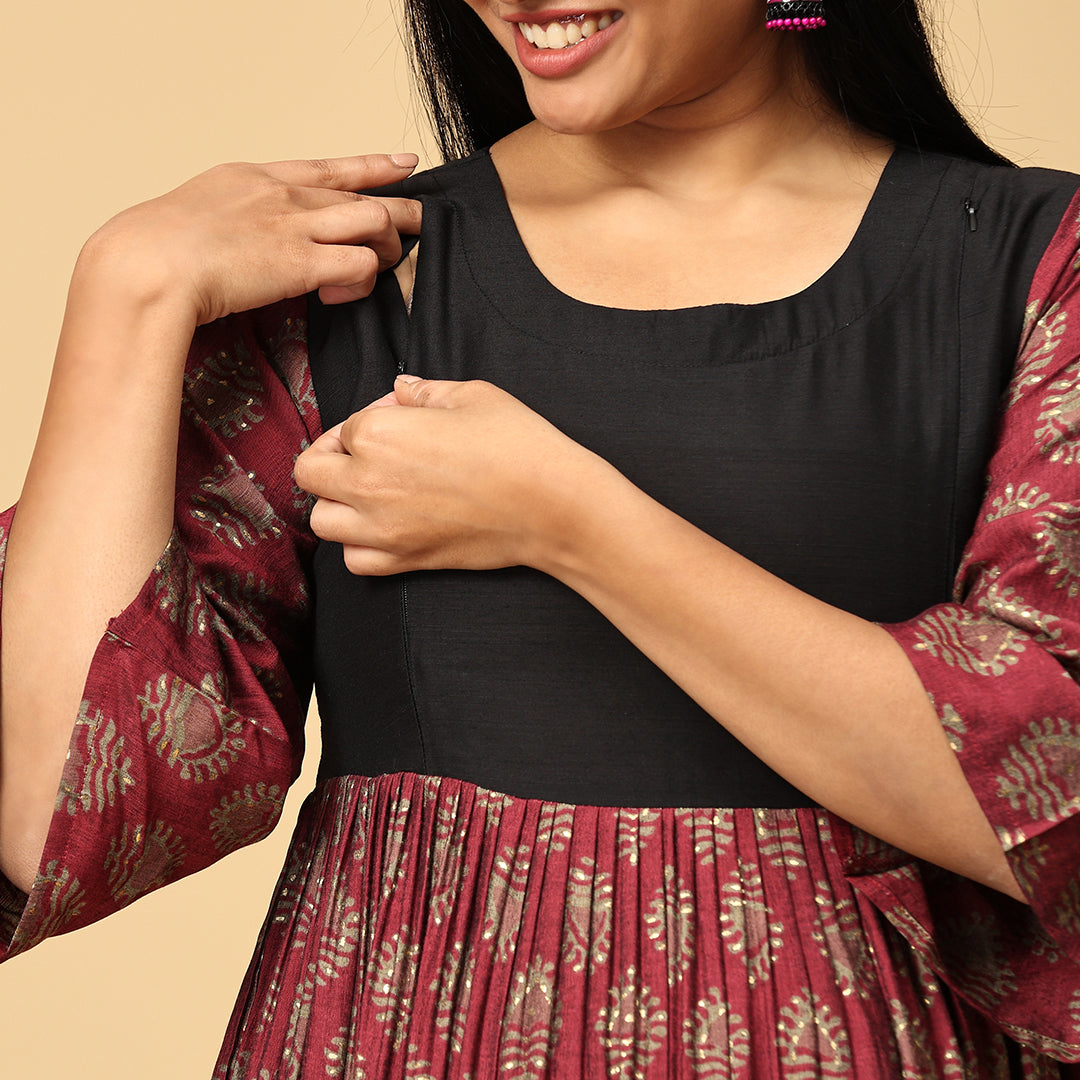 Jwala - Maroon Muslin Floral Dress