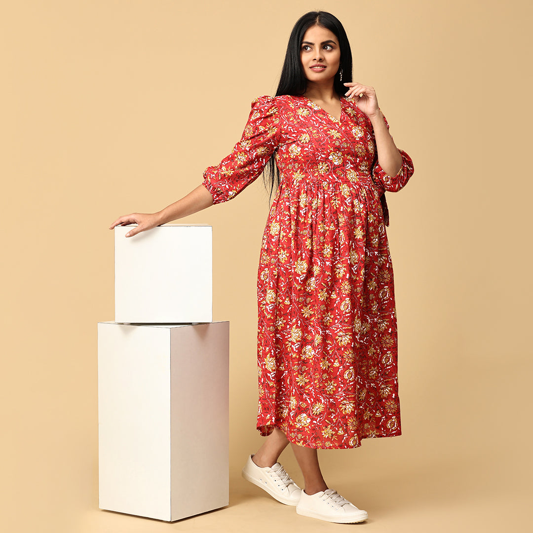 Anjani -Red Floral Premium Cotton dress