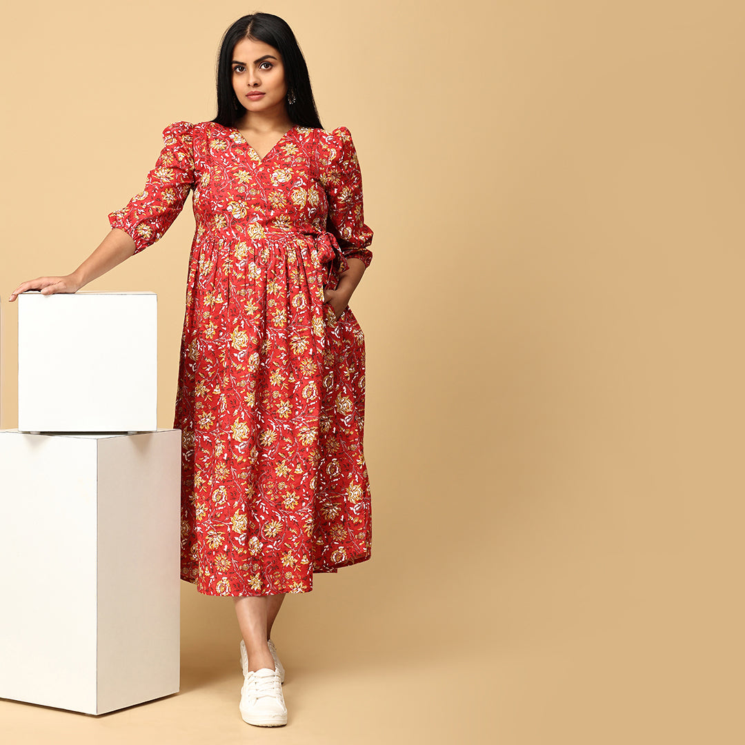 Anjani -Red Floral Premium Cotton dress