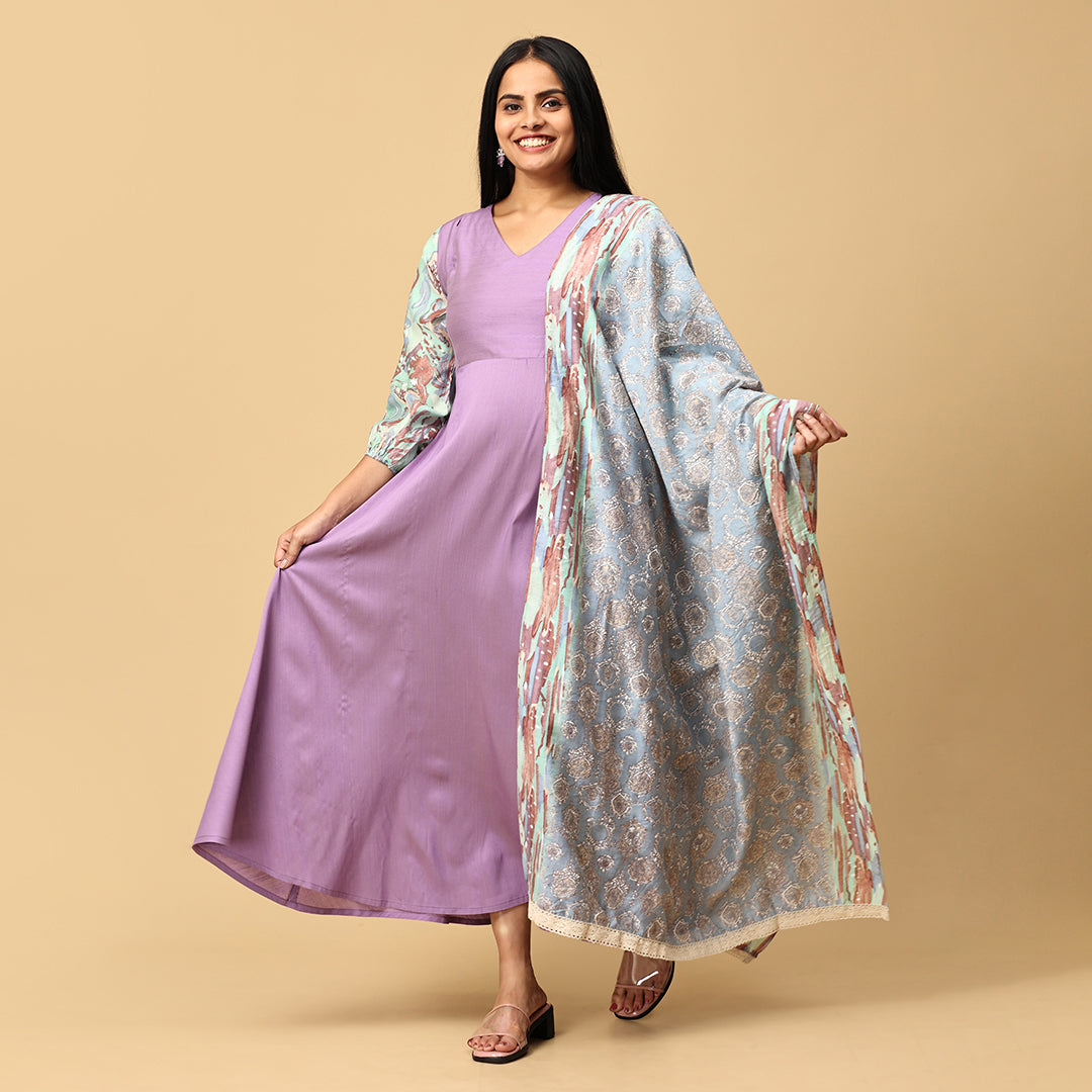 Sundari - Lavender silk gown paired with muslin dupatta