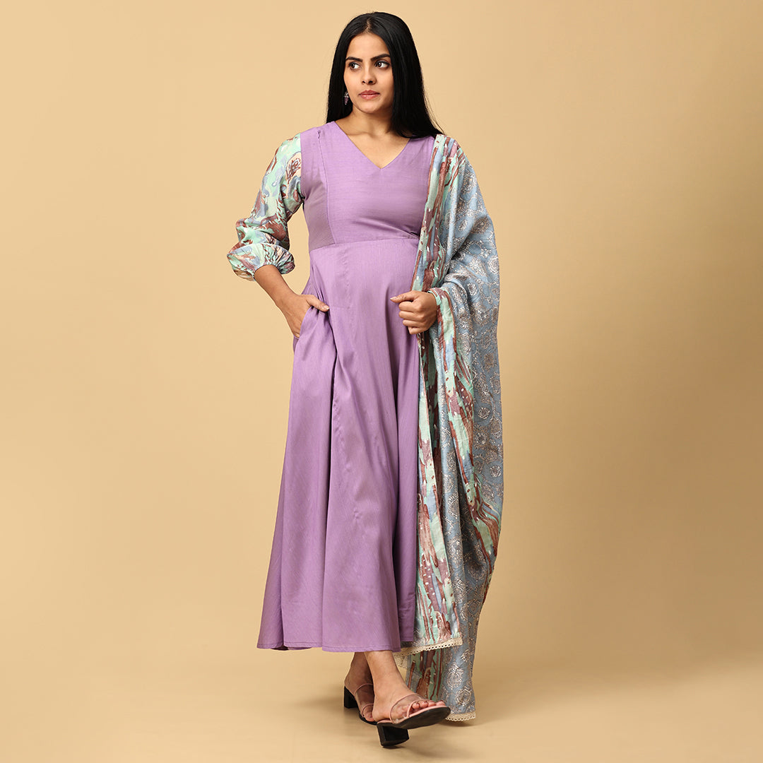 Sundari - Lavender silk gown paired with muslin dupatta