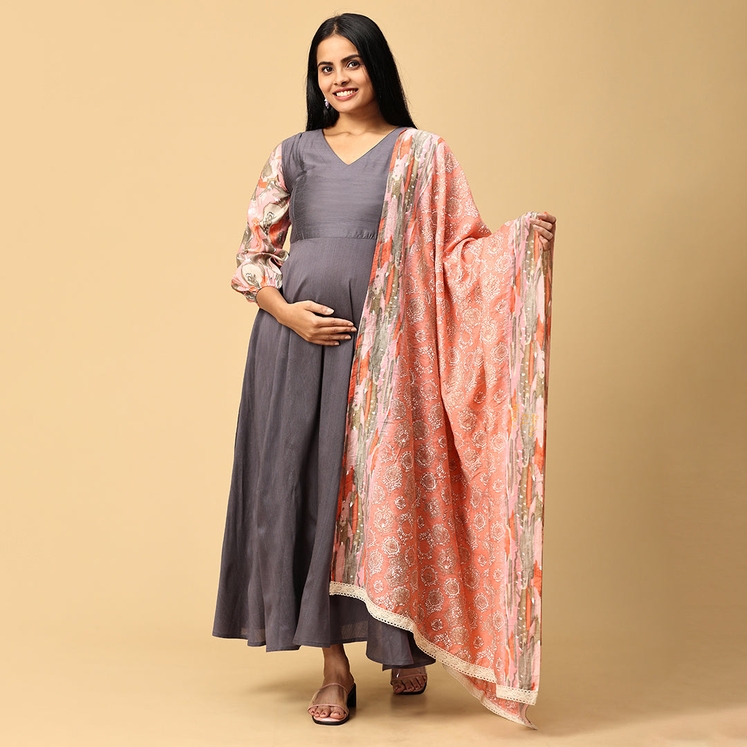 Sundari - Grey silk gown paired with muslin dupatta