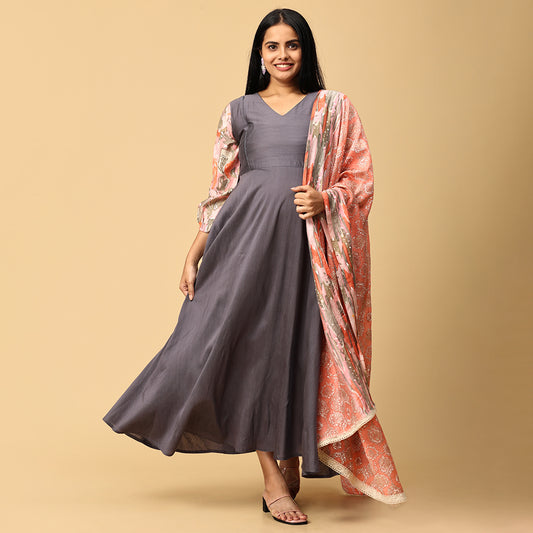 Sundari - Grey silk gown paired with muslin dupatta