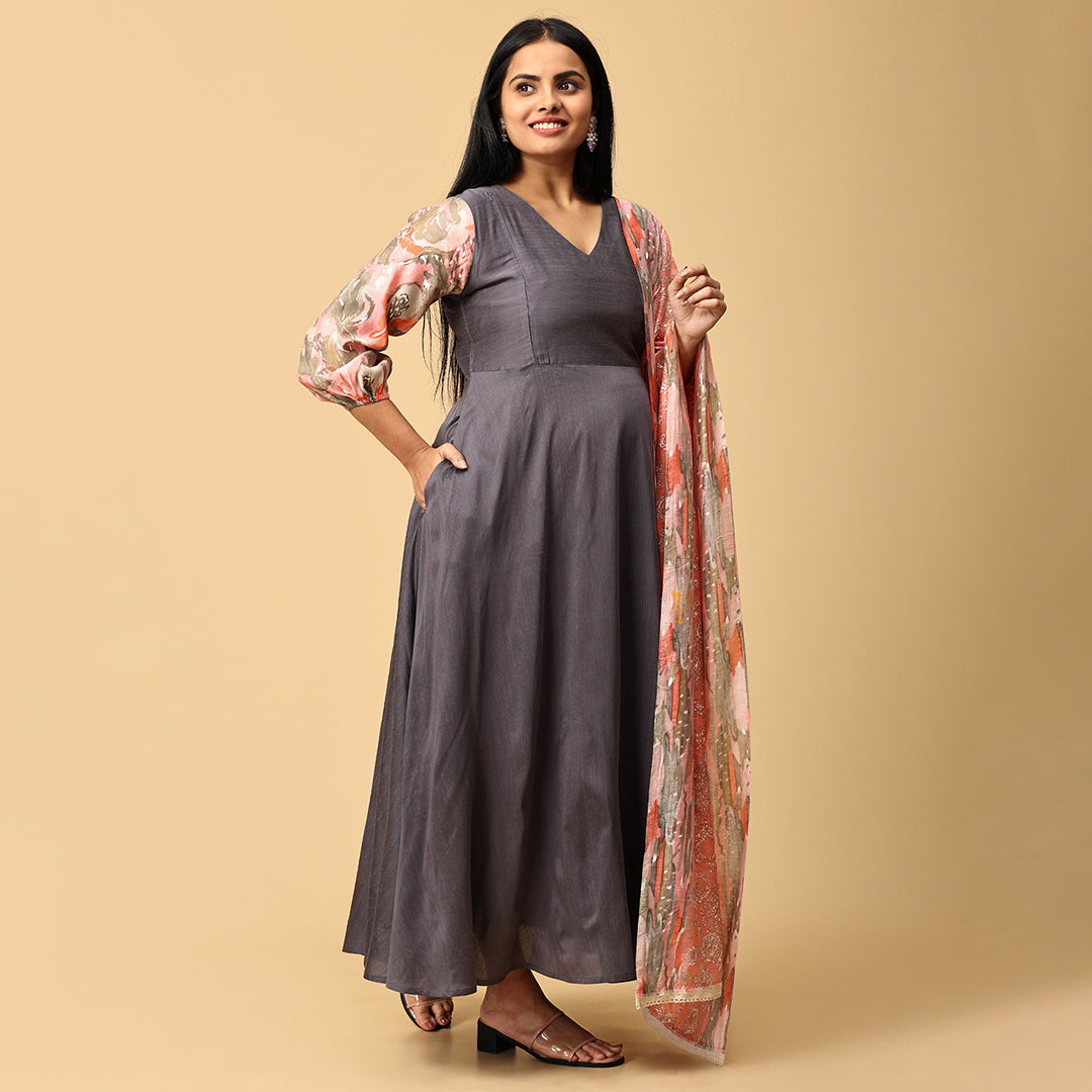 Sundari - Grey silk gown paired with muslin dupatta