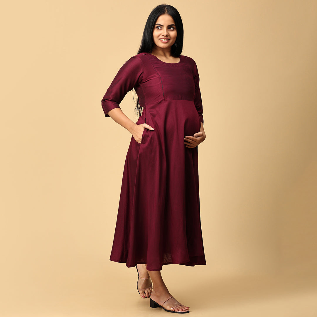 Gyaana - Wine Silk cotton dress with Chandheri Jacket