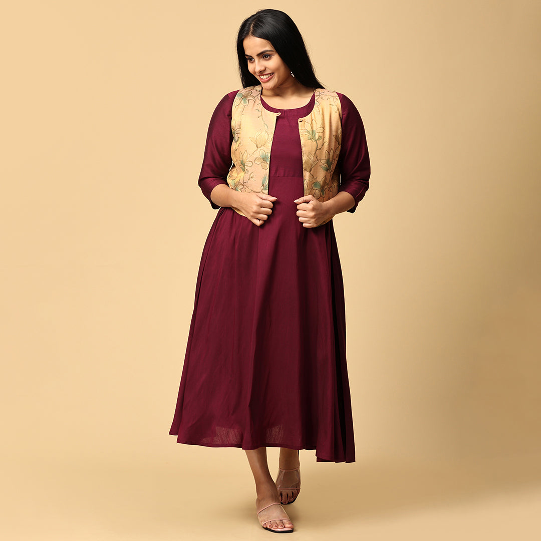 Gyaana - Wine Silk cotton dress with Chandheri Jacket