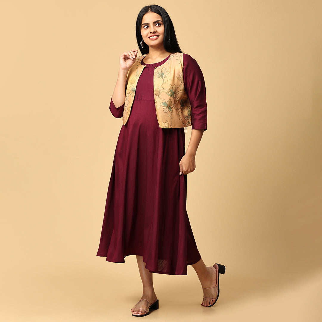 Gyaana - Wine Silk cotton dress with Chandheri Jacket