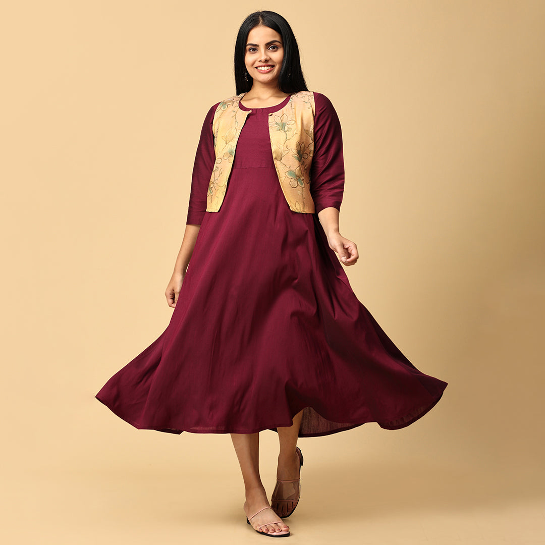Gyaana - Wine Silk cotton dress with Chandheri Jacket