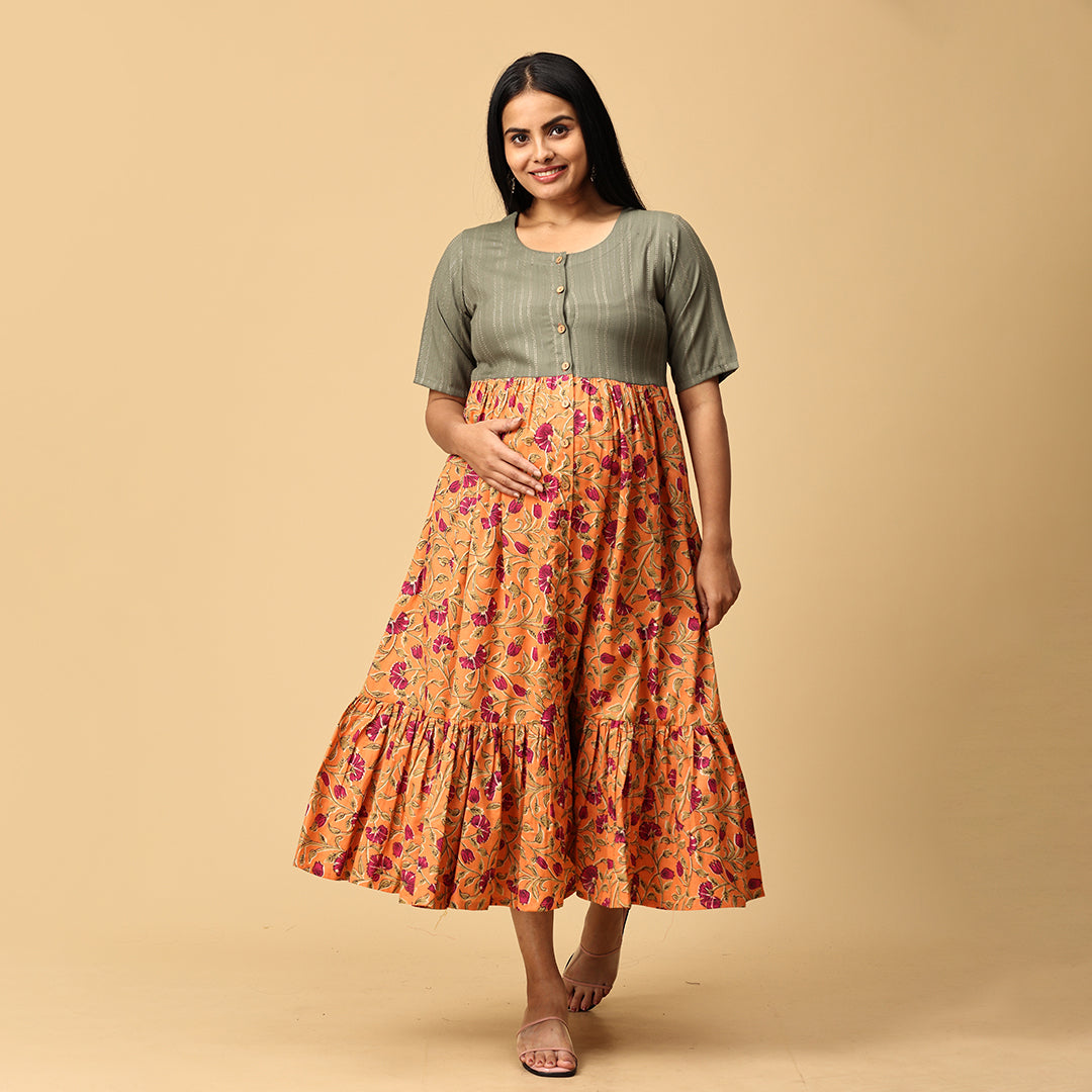 Trinetri - Orange and Grey Flowy flared designer dress
