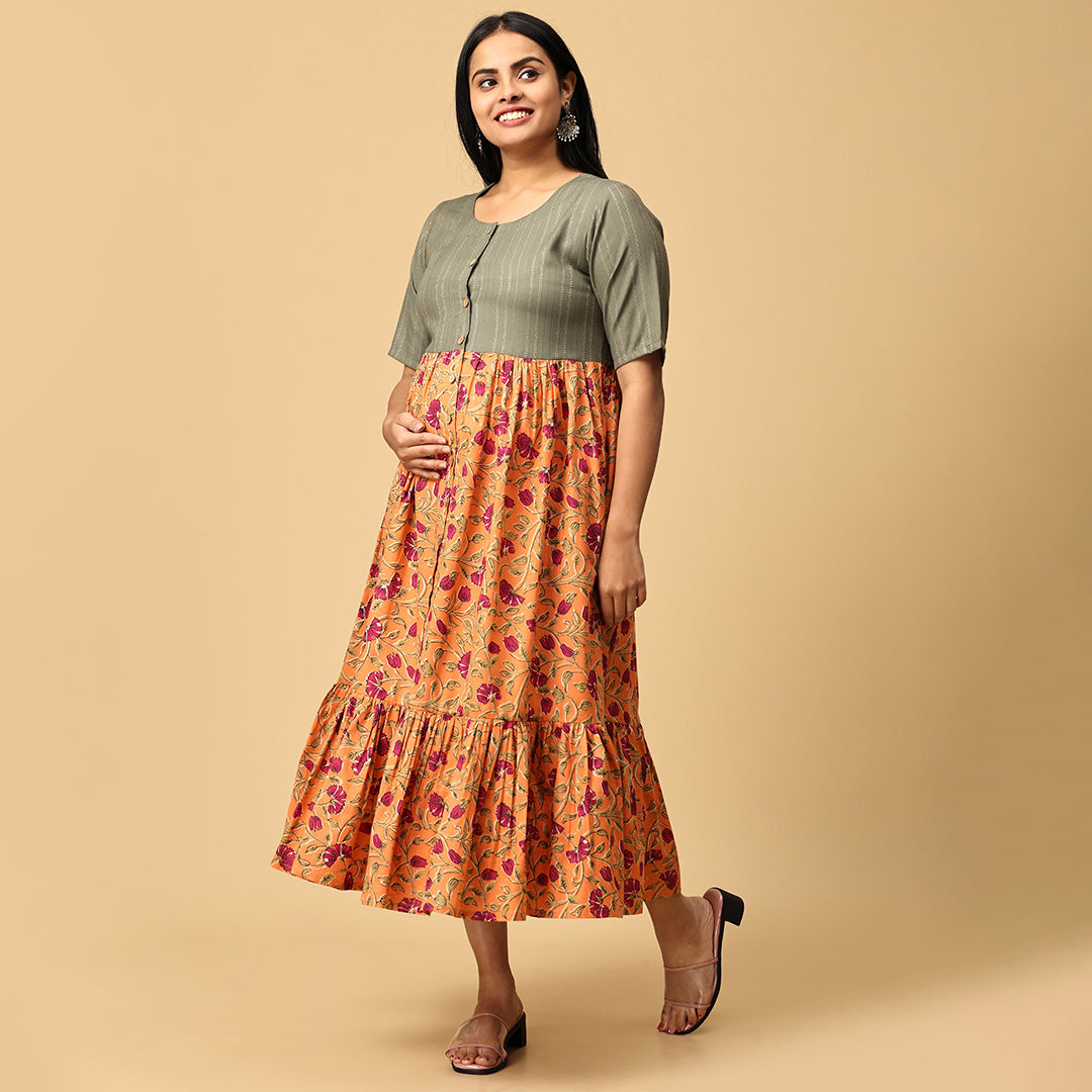 Trinetri - Orange and Grey Flowy flared designer dress