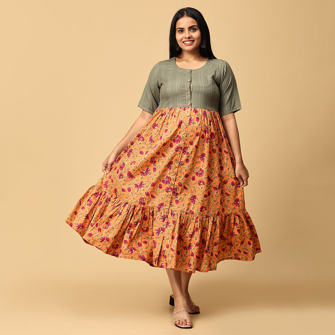 Trinetri - Orange and Grey Flowy flared designer dress