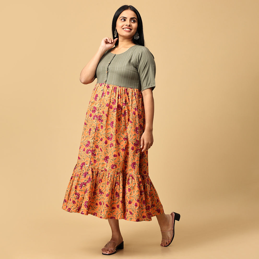 Trinetri - Orange and Grey Flowy flared designer dress