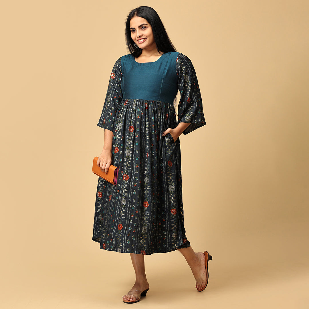 Jwala - Blue Muslin Floral Dress