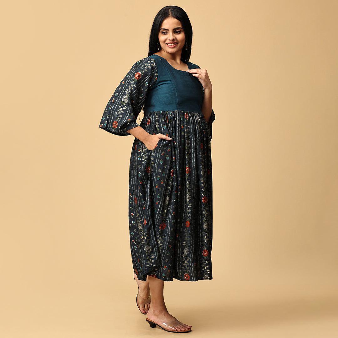 Jwala - Blue Muslin Floral Dress