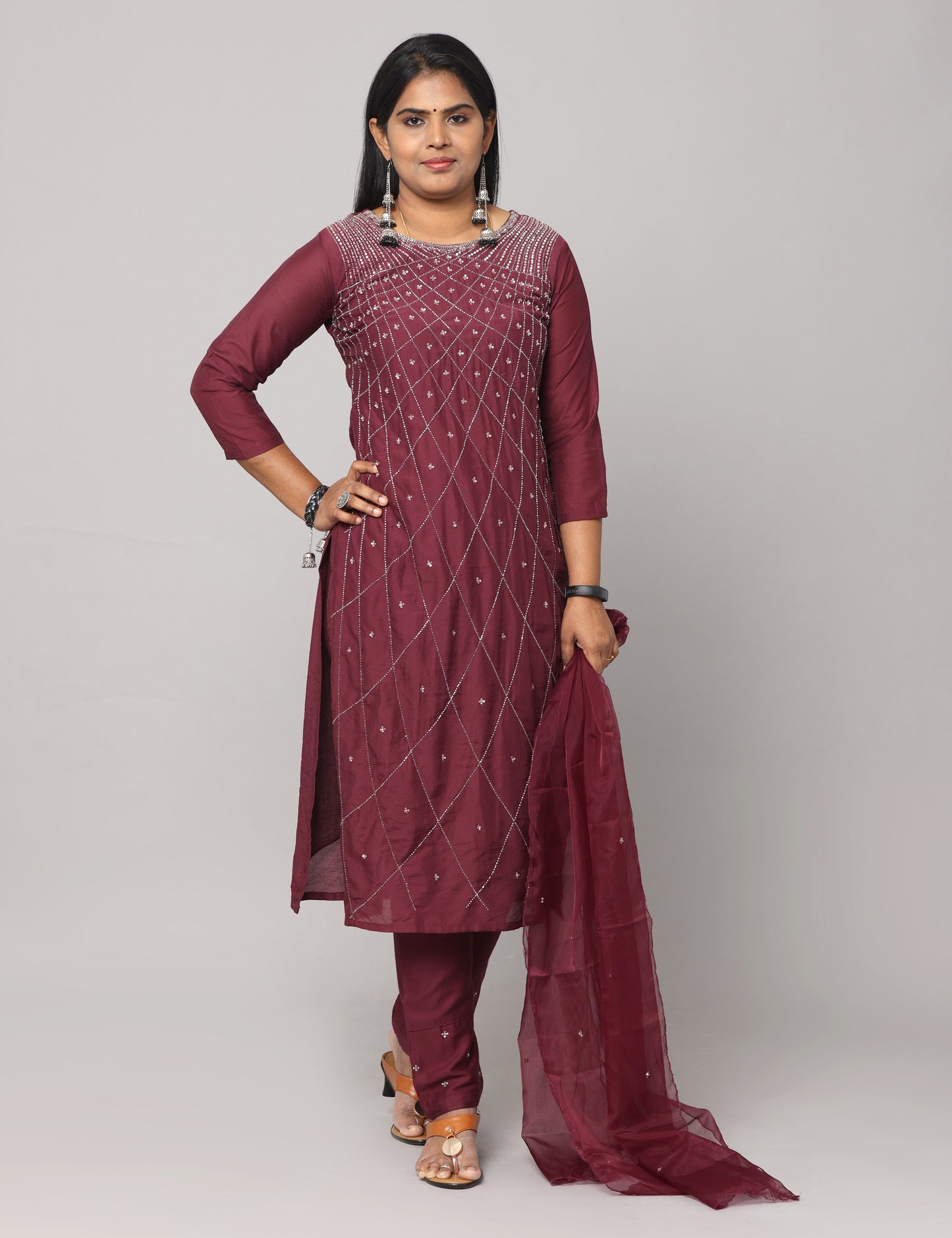 Maslin Wine color Party wear