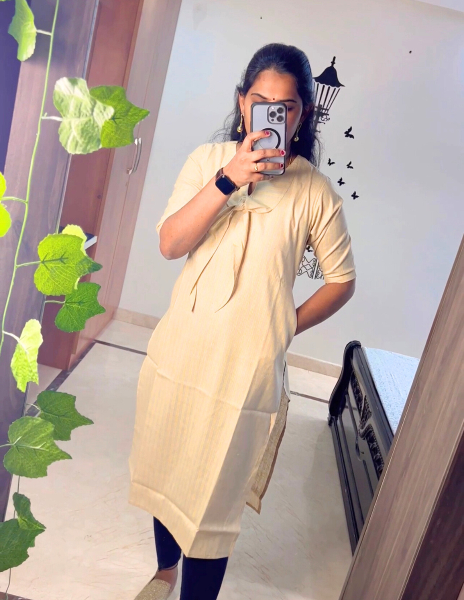 Mallika - Pure cotton designer kurta - Beige & Yellow