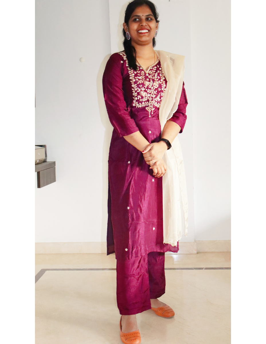 Maslin Wine color Party wear with hand work and pearl work