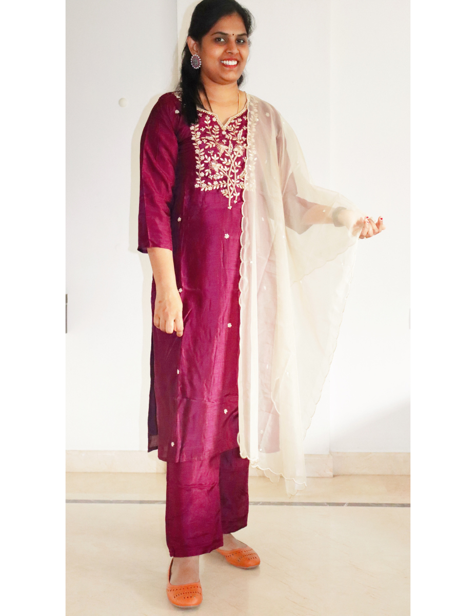 Maslin Wine color Party wear with hand work and pearl work