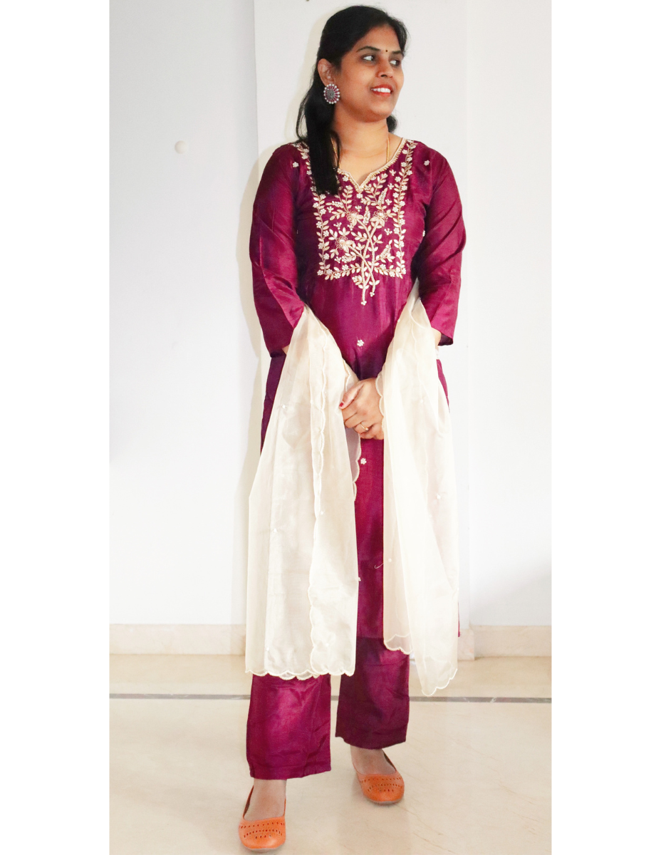 Maslin Wine color Party wear with hand work and pearl work