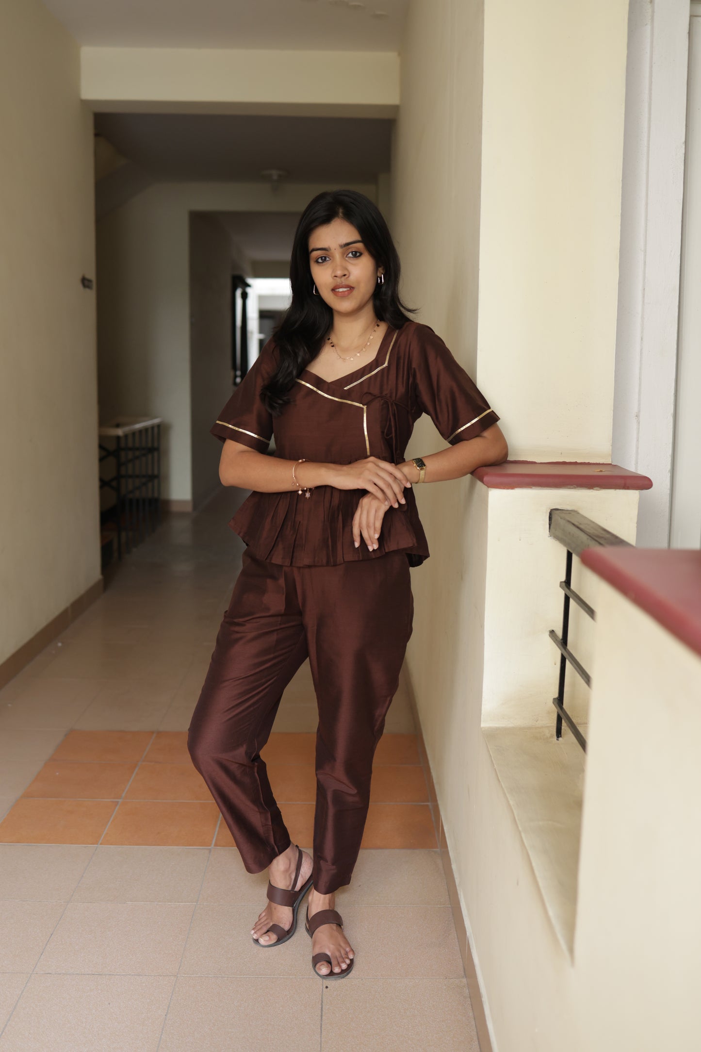 Indhu - Silk Cotton Coord Set - Chocolate Brown