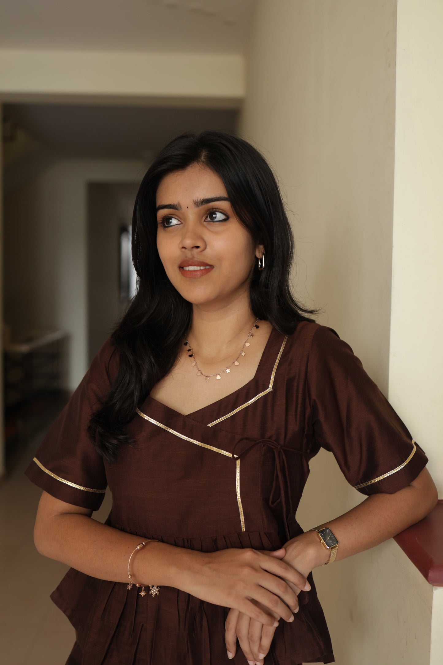 Indhu - Silk Cotton Coord Set - Chocolate Brown