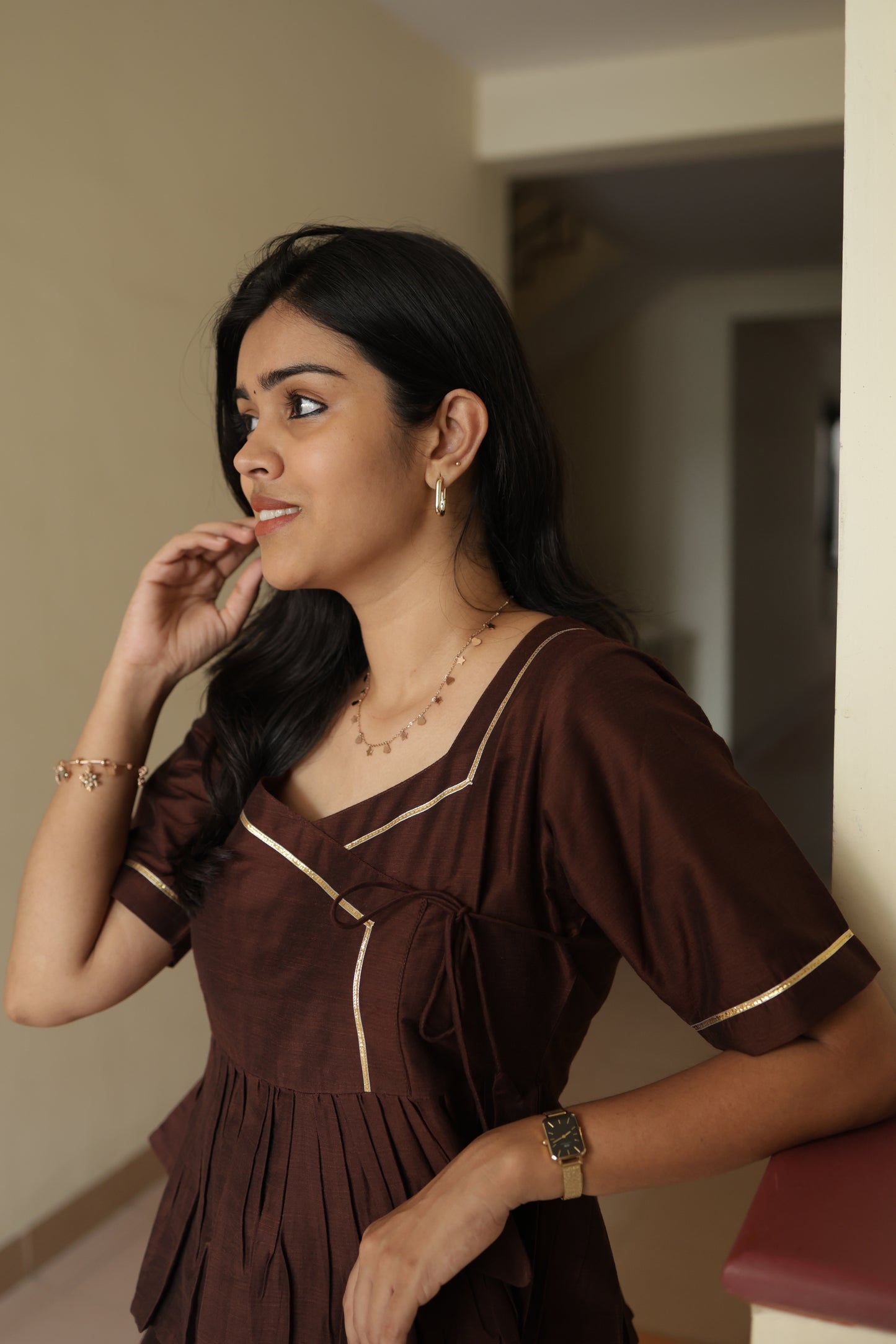 Indhu - Silk Cotton Coord Set - Chocolate Brown