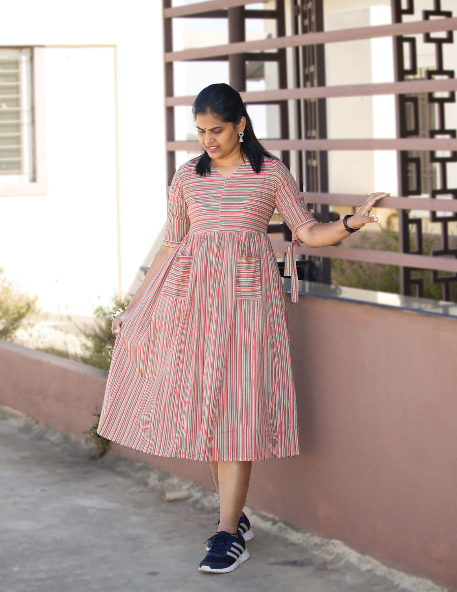 Striped Block printed Cotton Dress - Peach