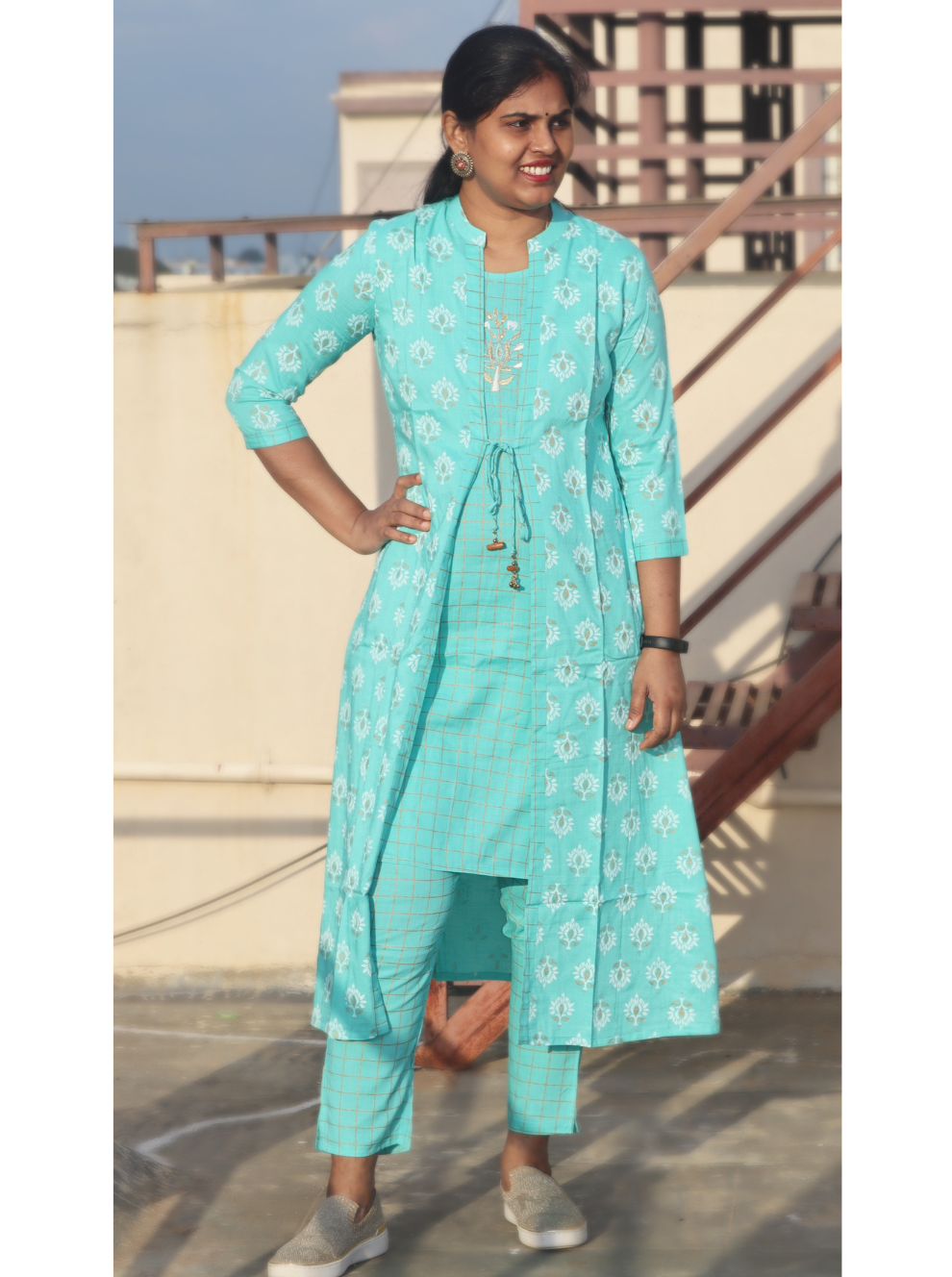 Aarna - Sky Blue attached jacket kurti with pant set