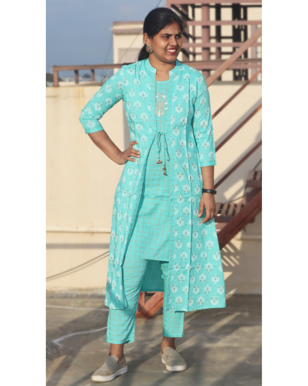 Aarna - Sky Blue attached jacket kurti with pant set