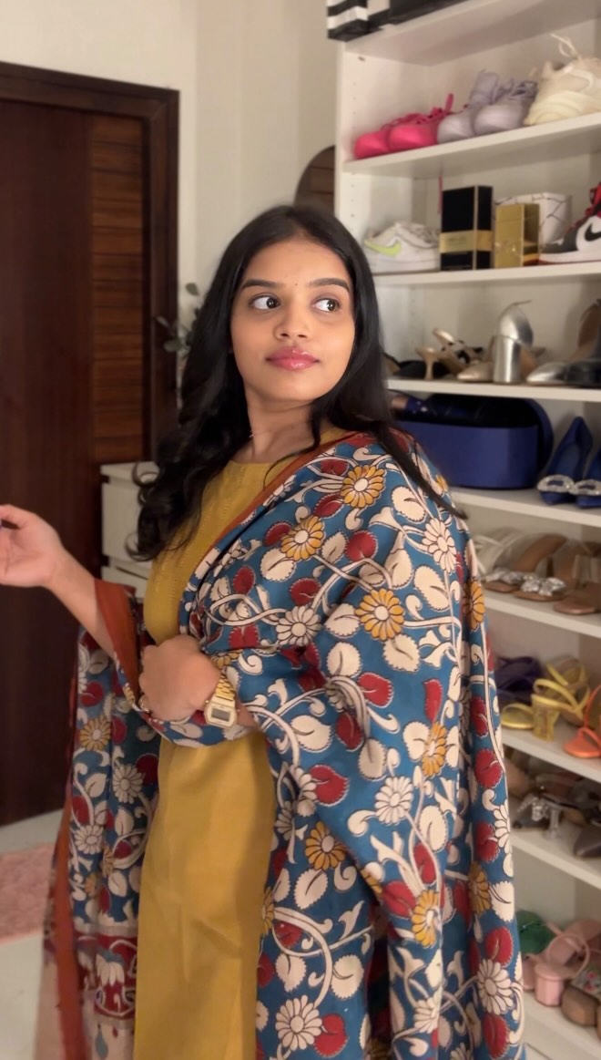 Abilasha - Mustard Yellow Silk cotton set with Kalamkari dupatta