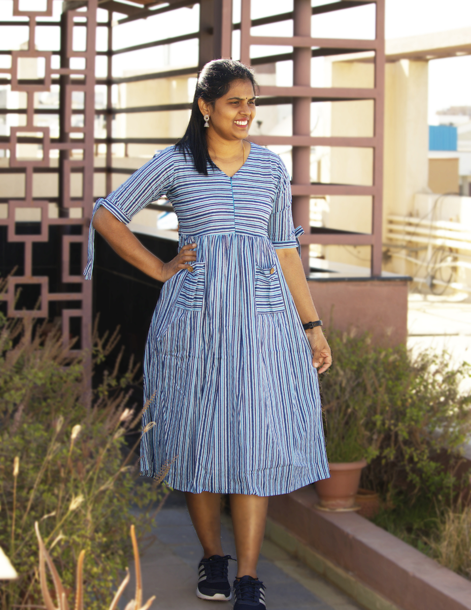 Striped Block printed Cotton Dress - Blue