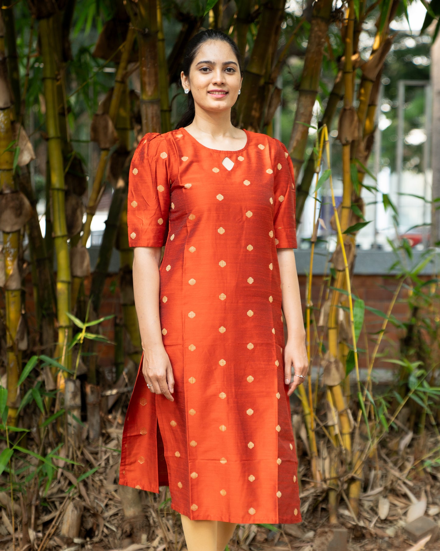 Lahari - Cotton Silk Weave Kurta - Rust Orange