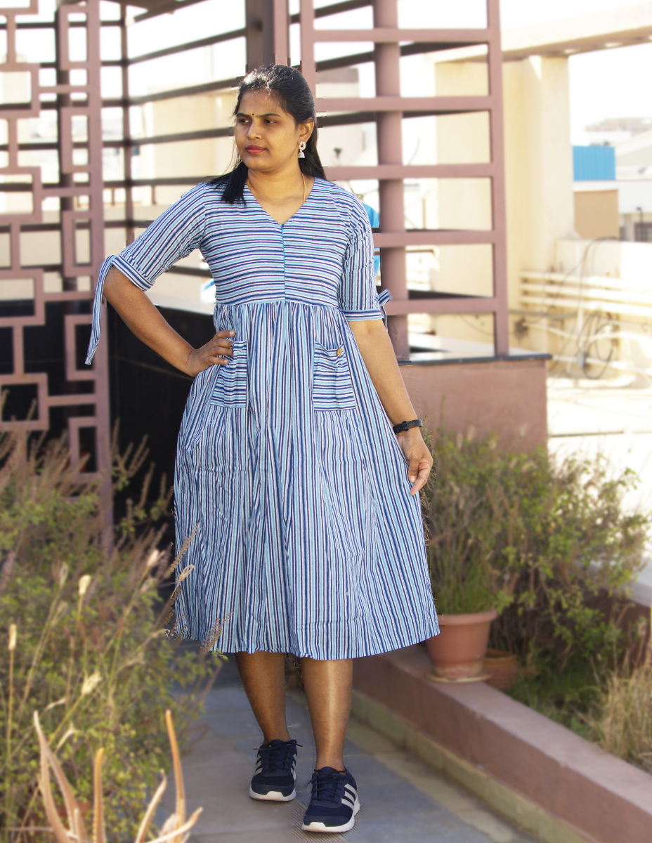 Striped Block printed Cotton Dress - Blue