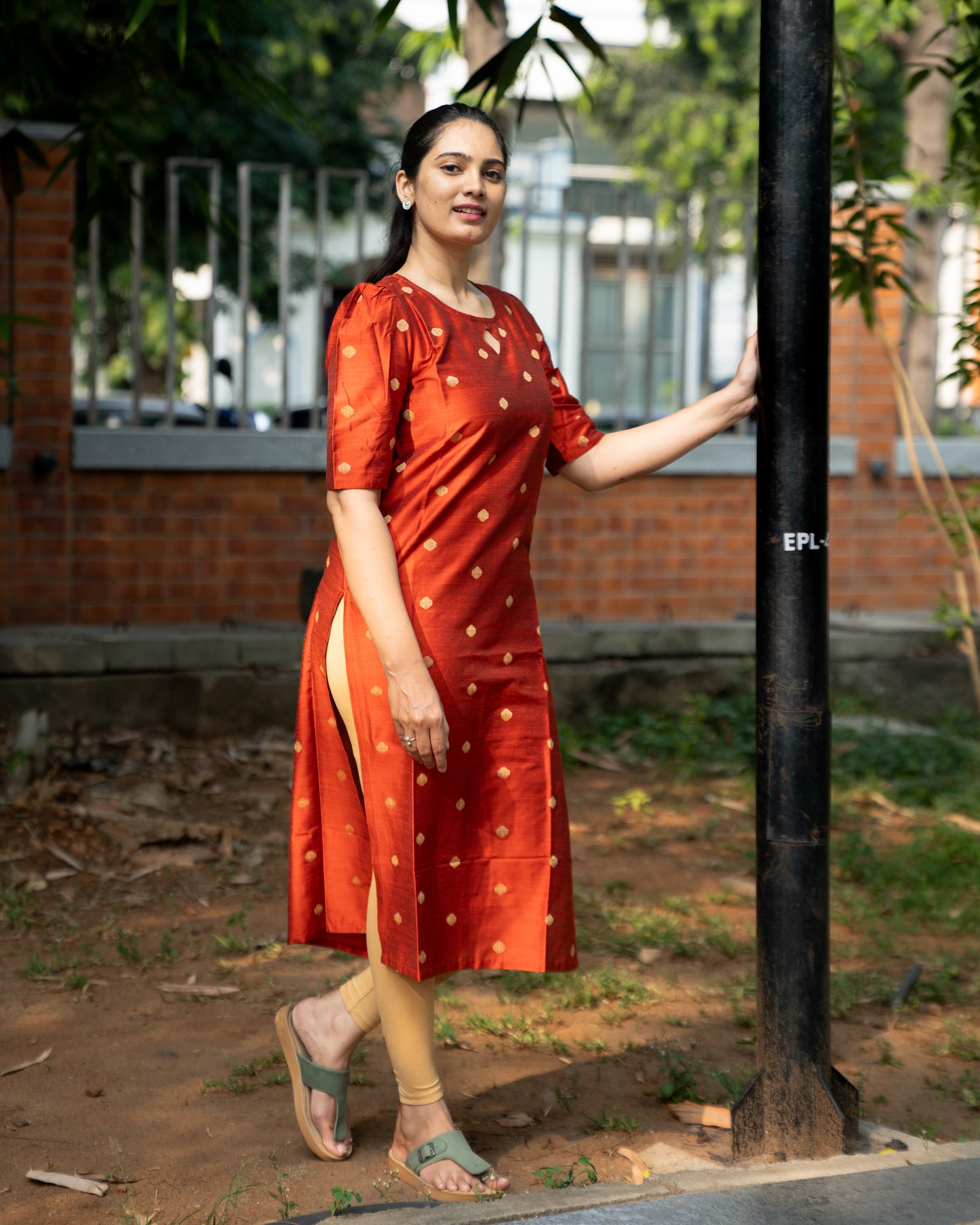 Lahari - Cotton Silk Weave Kurta - Rust Orange